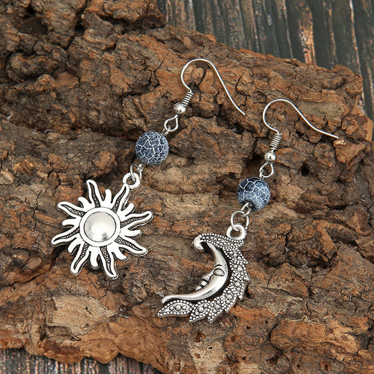 Bohemian Grey Stone Beads Asymmetrical Sun Moon Earrings