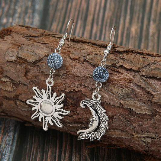 Bohemian Grey Stone Beads Asymmetrical Sun Moon Earrings