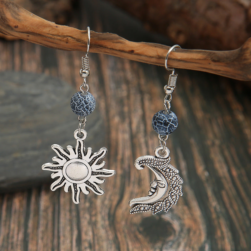 Bohemian Grey Stone Beads Asymmetrical Sun Moon Earrings