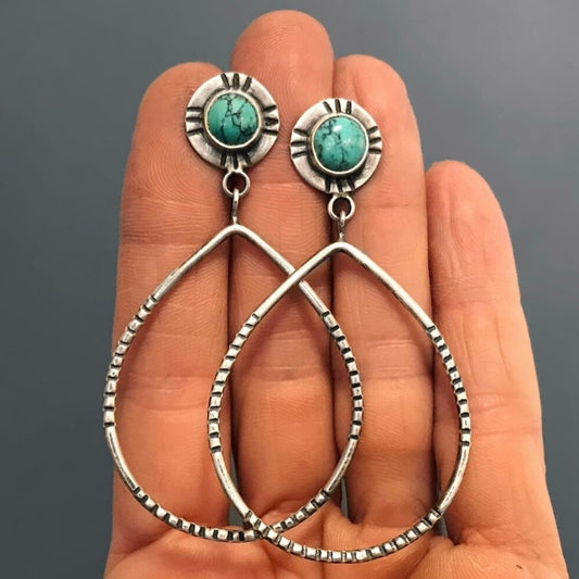 Bohemian Large Water Drop Hollow Turquoise Ear Stud