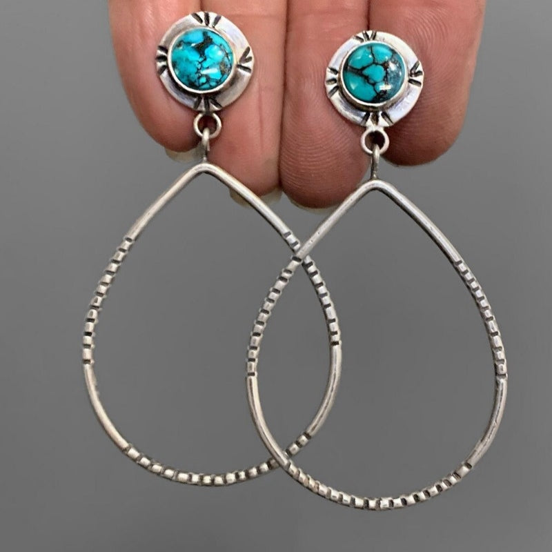 Bohemian Large Water Drop Hollow Turquoise Ear Stud