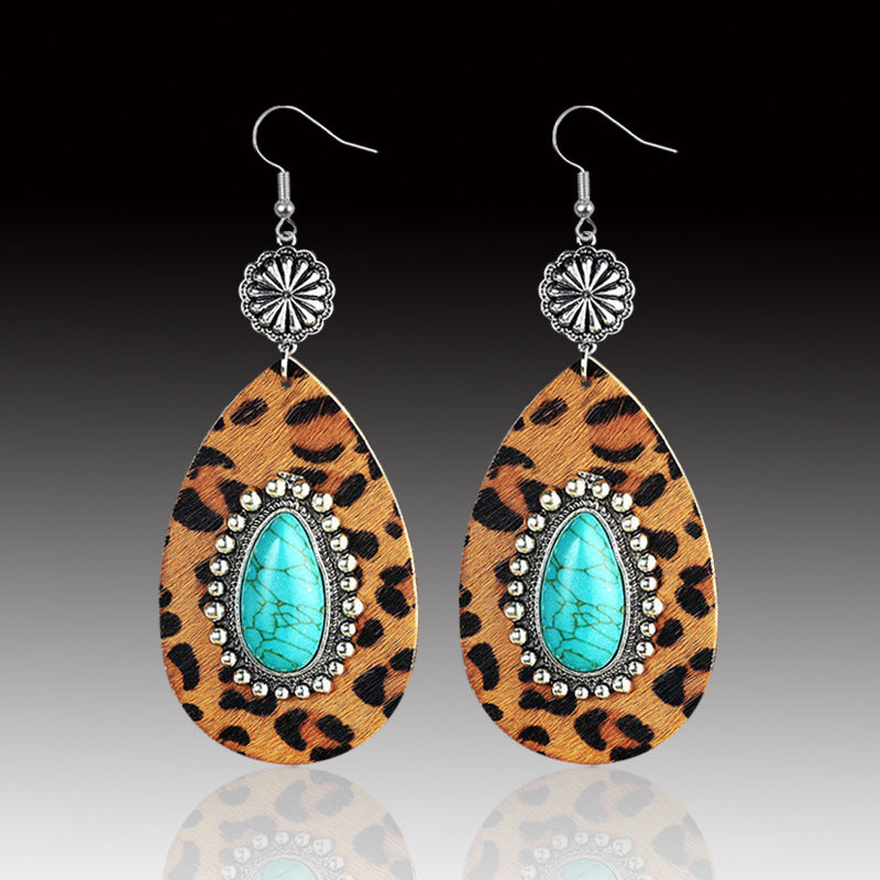 Bohemian Water Drop Leopard Leather Earrings