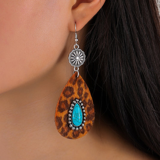Bohemian Water Drop Leopard Leather Earrings