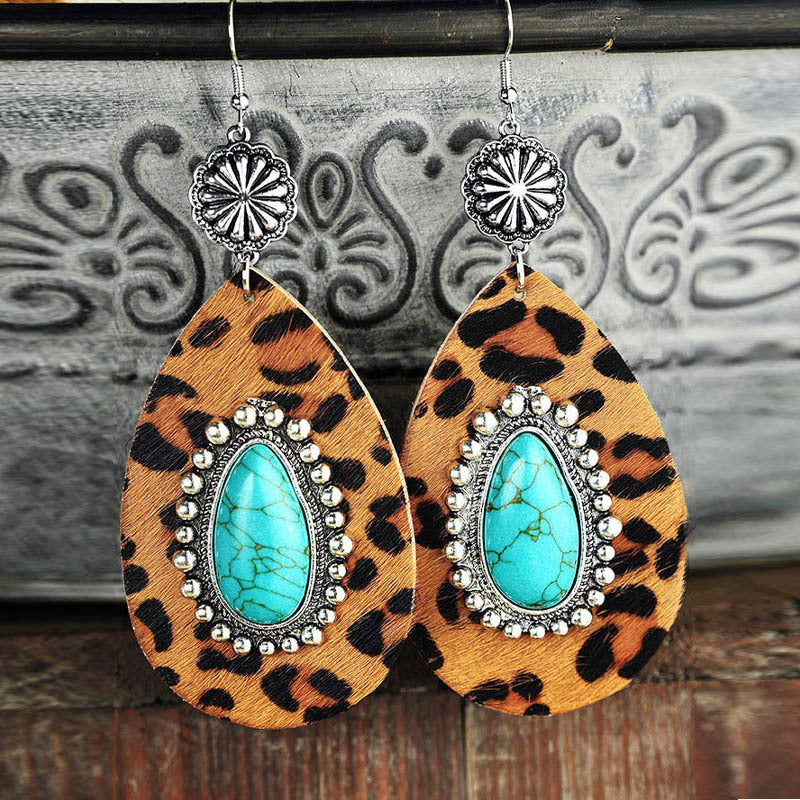 Bohemian Water Drop Leopard Leather Earrings