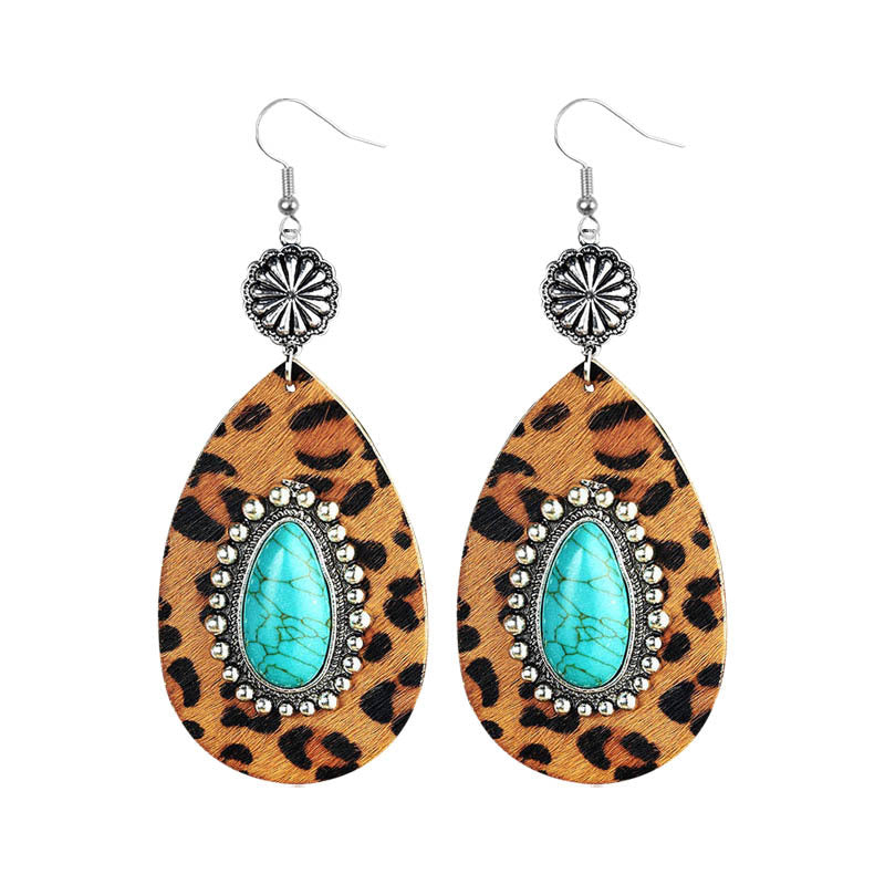 Bohemian Water Drop Leopard Leather Earrings