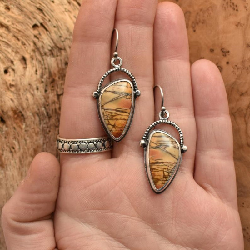 Boucles d'Oreilles Pendantes Goutte d'Eau Bohème Pierre Tigre Jaune