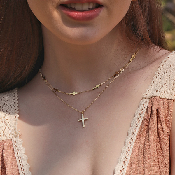 Multiple Crosses Sterling Silver Plated Gold Necklace