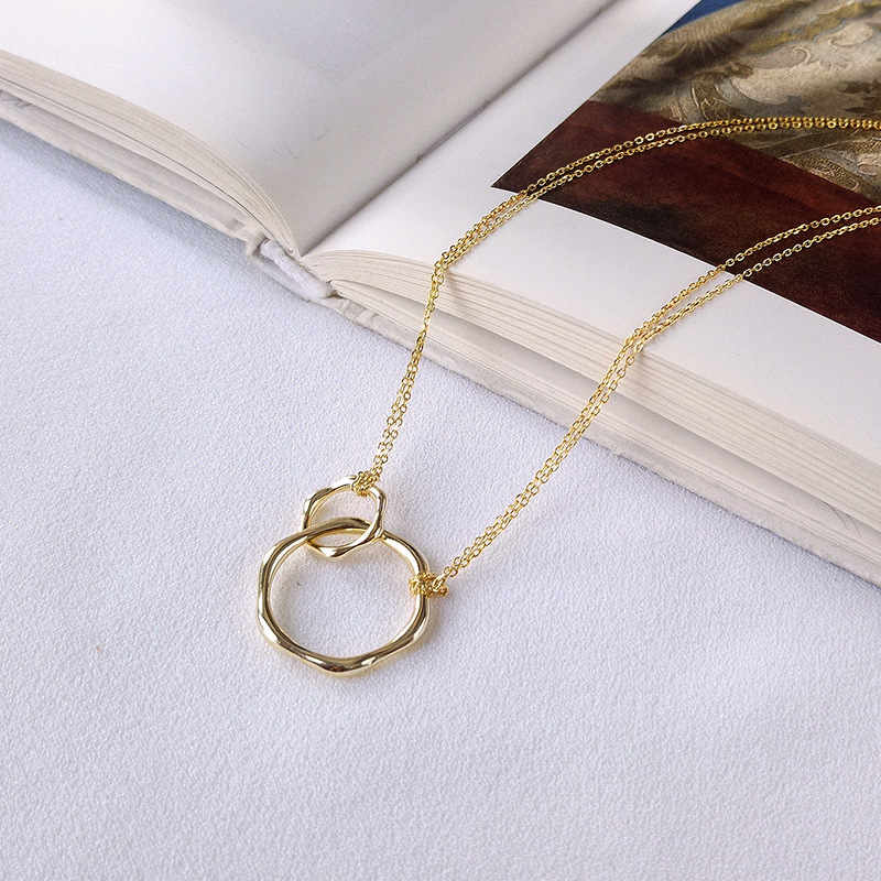 Geometric Interlocking Double-ring Sterling Silver Plated Gold Necklace