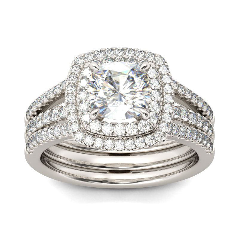 Double Halo Cushion Cut Sterling Silver Ring Set-JE-Juri Elle