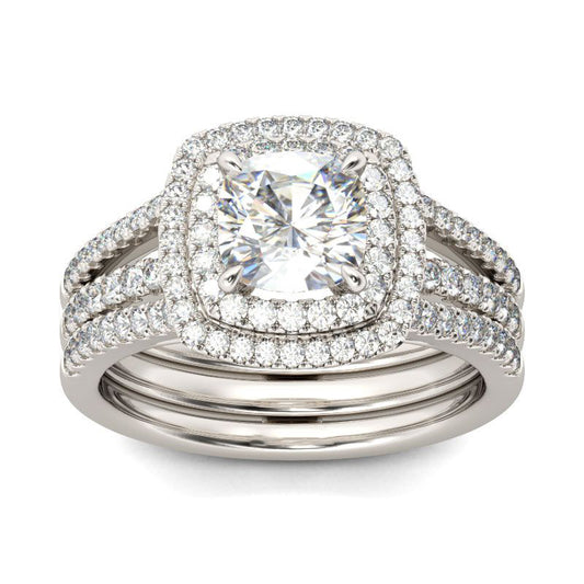 Double Halo Cushion Cut Sterling Silver Ring Set-JE-Juri Elle