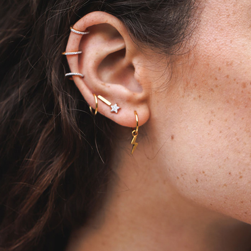 Bright Star&Moon Round Cut Sterling Silver Plated Gold Stud Earring