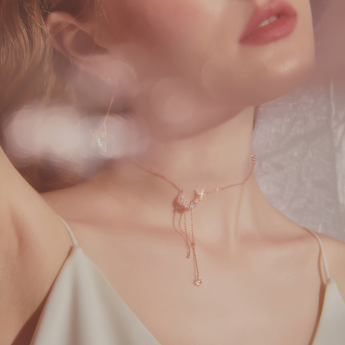 Star & Moon Love Round Cut Plated 14K Rose Gold Necklace
