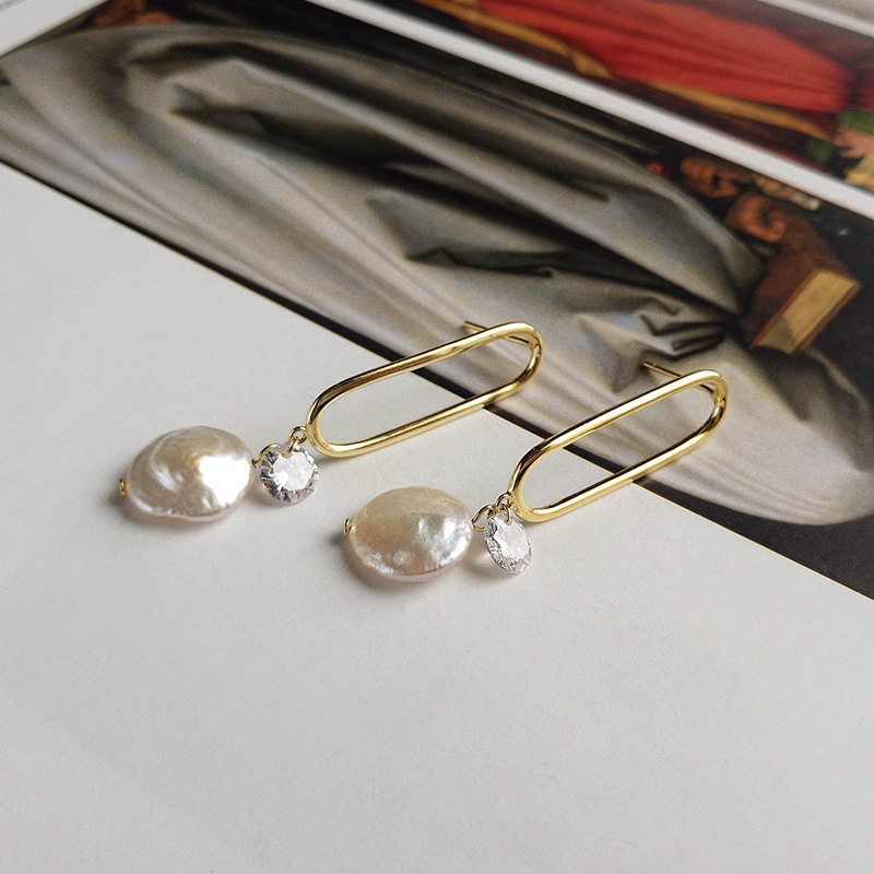 Paperclip Baroque Pearl Sterling Silver Plated Gold Earring