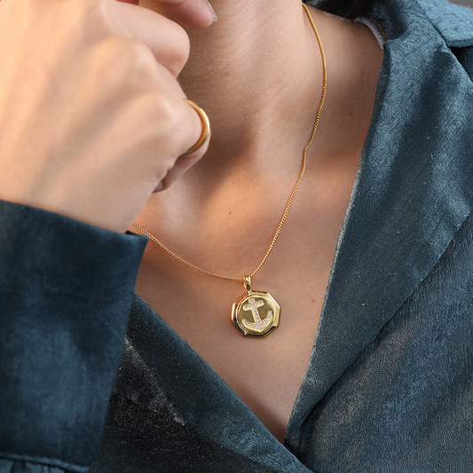 Hollow Anchor Round Cut Sterling Silver Plated Gold Necklace