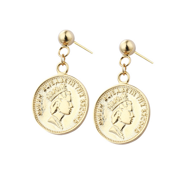 Golden Round Card Portrait Sterling Silver Plated Gold Stud Earring
