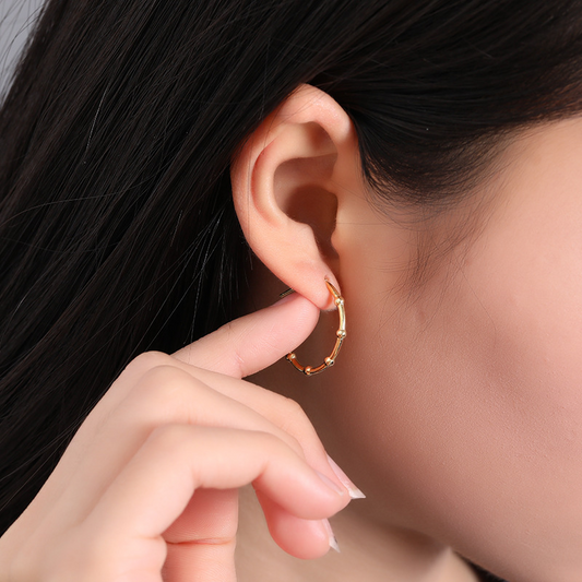 Curved Vines With Beads Sterling Silver Plated Gold Stud Earring