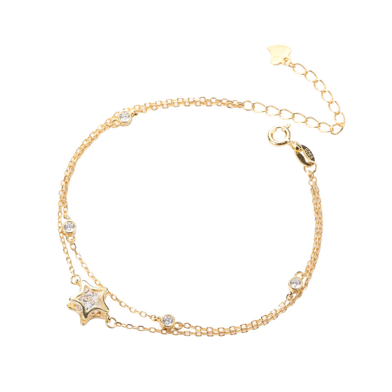 Pentagram Double Round Cut Sterling Silver Plated Gold Bracelet