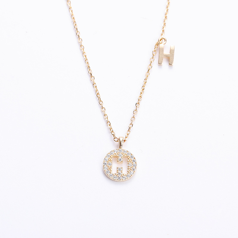 Hollow Letter Round Cut Sterling Silver Plated Champagne Gold Necklace