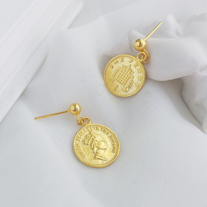 Golden Round Card Portrait Sterling Silver Plated Gold Stud Earring