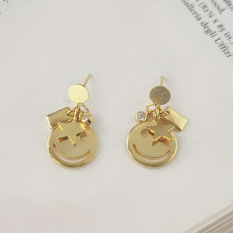 Cartoon Smiling Face Round Cut Sterling Silver Plated Gold Stud Earring