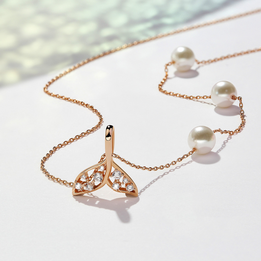 Mermaid Tail Pearls Round Cut Plated 14K Rose Gold Necklace