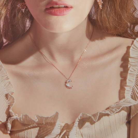 Moonlight Tune Round Princess Pear Marquise Cut Sterling Silver Plated 14K Rose Gold Necklace