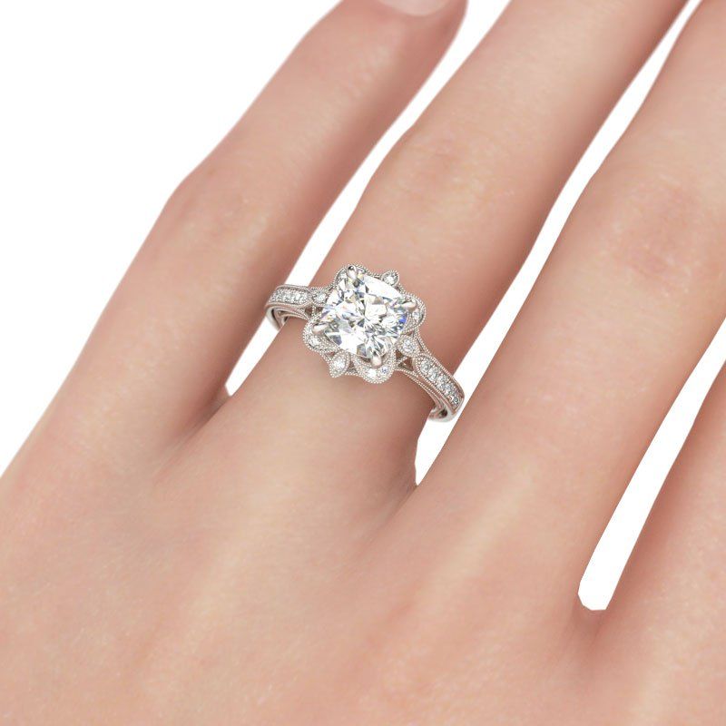 Vintage Floral Cushion Cut Sterling Silver Ring-JE-Juri Elle