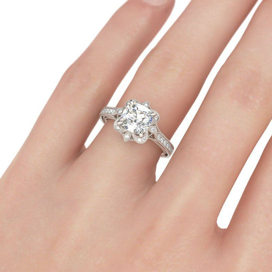 Vintage Floral Cushion Cut Sterling Silver Ring-JE-Juri Elle
