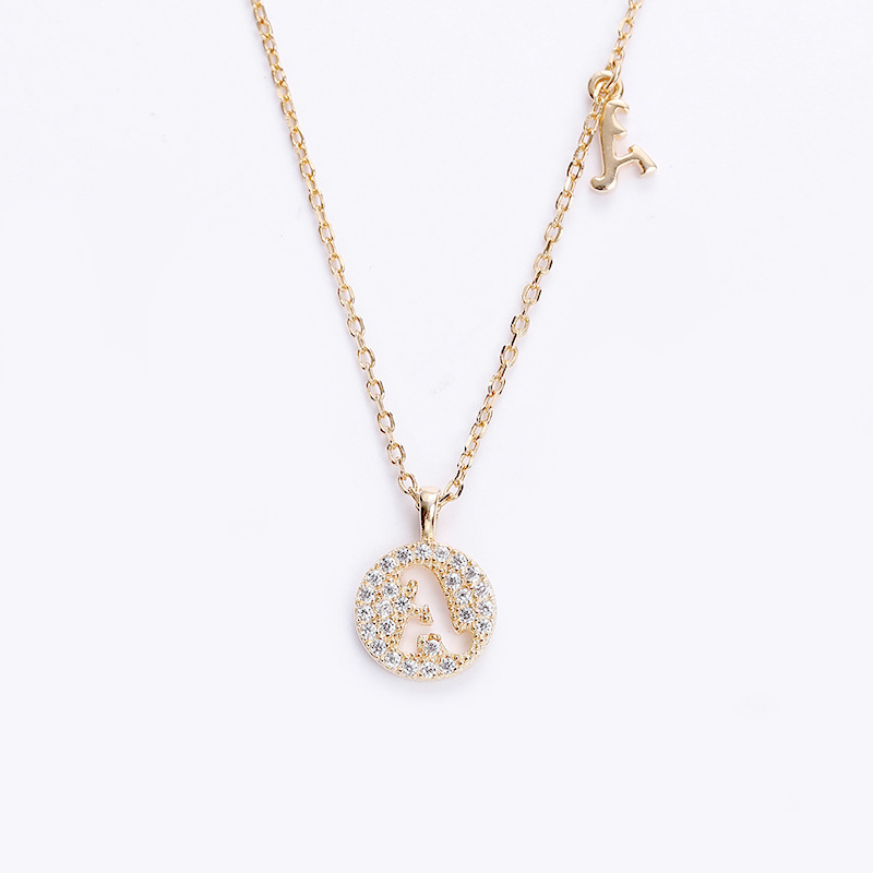 Hollow Letter Round Cut Sterling Silver Plated Champagne Gold Necklace