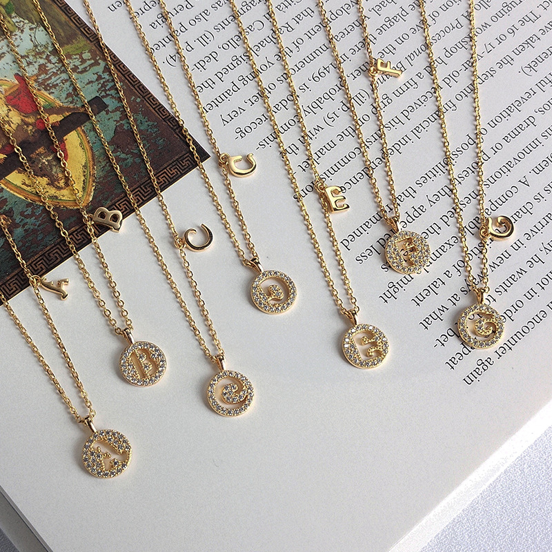 Hollow Letter Round Cut Sterling Silver Plated Champagne Gold Necklace