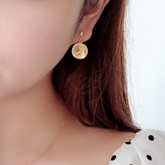 Golden Round Card Portrait Sterling Silver Plated Gold Stud Earring