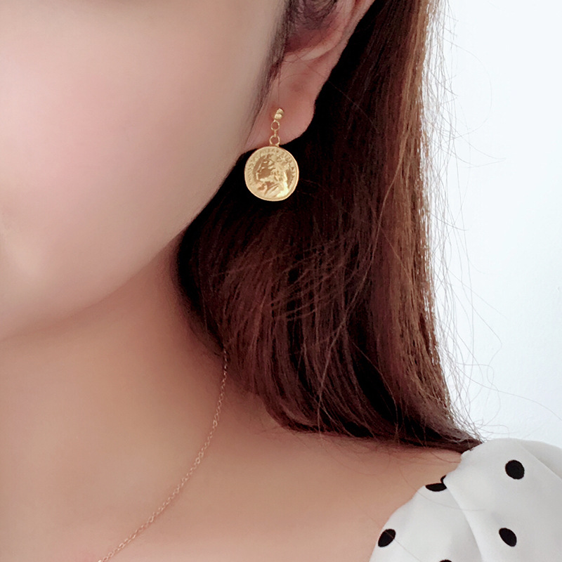 Golden Round Card Portrait Sterling Silver Plated Gold Stud Earring