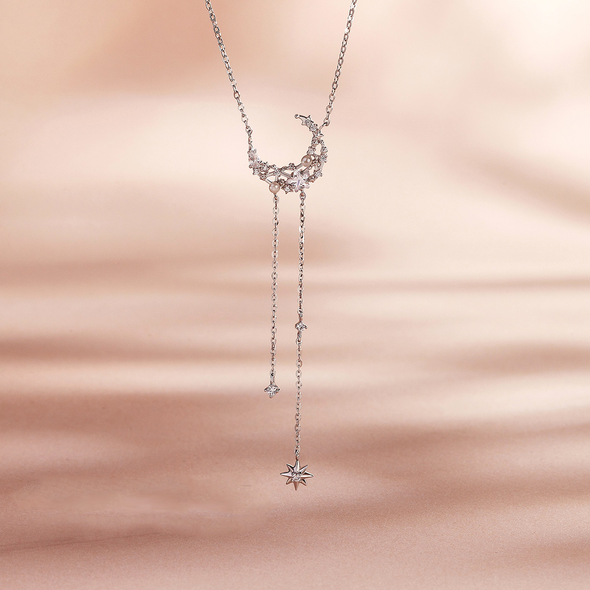 Star & Moon Love Round Cut Plated 14K Rose Gold Necklace