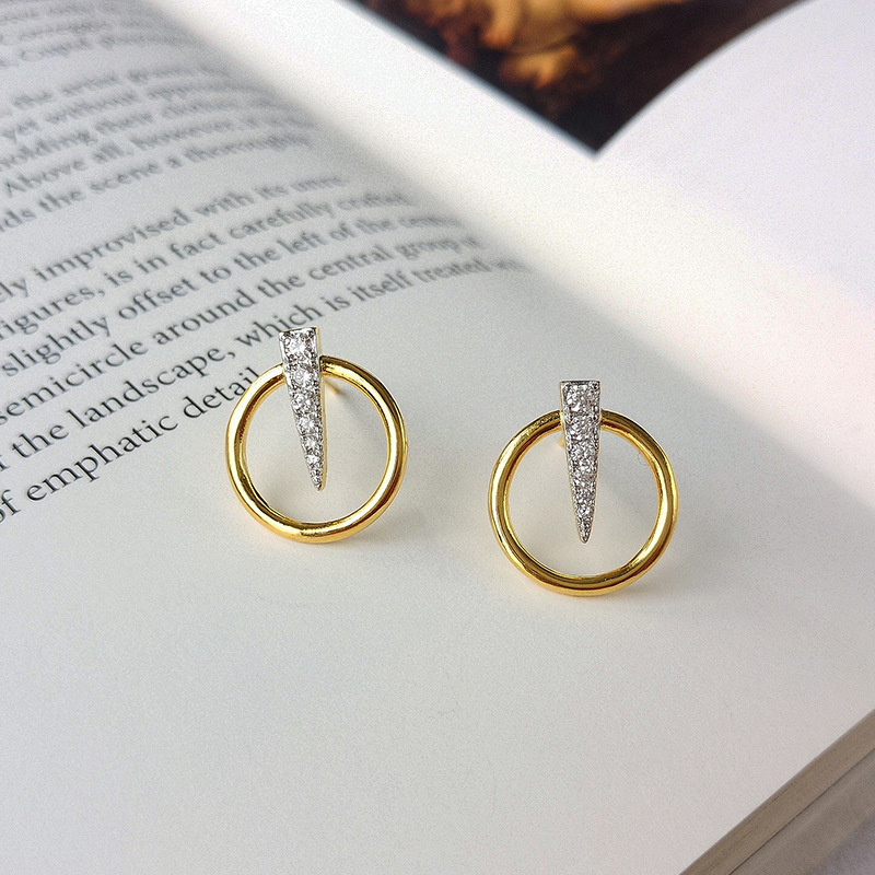 Circle Inverted Triangle Round Cut Sterling Silver Plated Gold Stud Earring