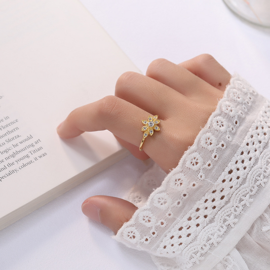 Flower Adjustable Round Cut Sterling Silver Plated Gold Ring