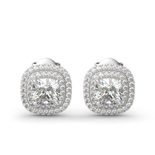 Double Halo Cushion Cut Sterling Silver Stud Earrings-JE-Juri Elle