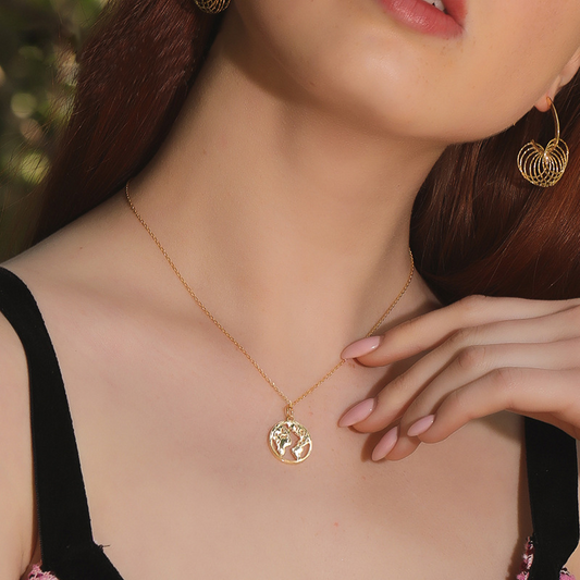 World Map Sterling Silver Plated 14K Gold Necklace
