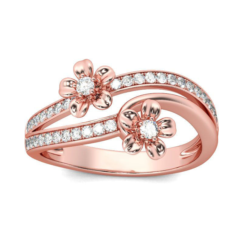 Rose Gold Tone Flower Round Cut Sterling Silver Ring-JE-Juri Elle