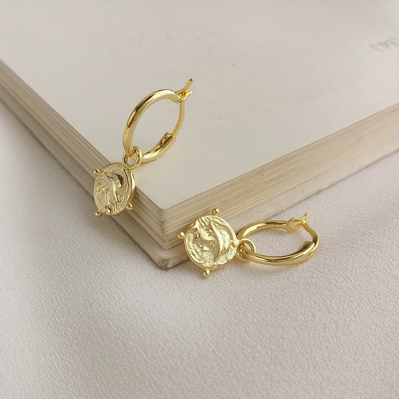 Circle Golden Portrait Coin Sterling Silver Plated Gold Earring