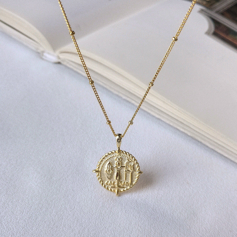 Embossed Coin Sterling Silver Plated Gold Necklace