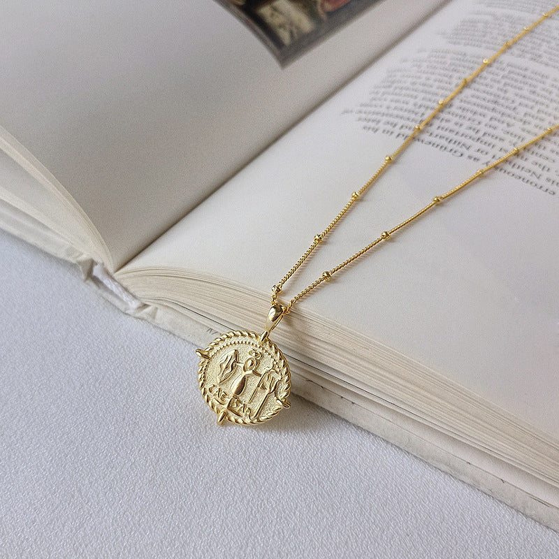 Embossed Coin Sterling Silver Plated Gold Necklace