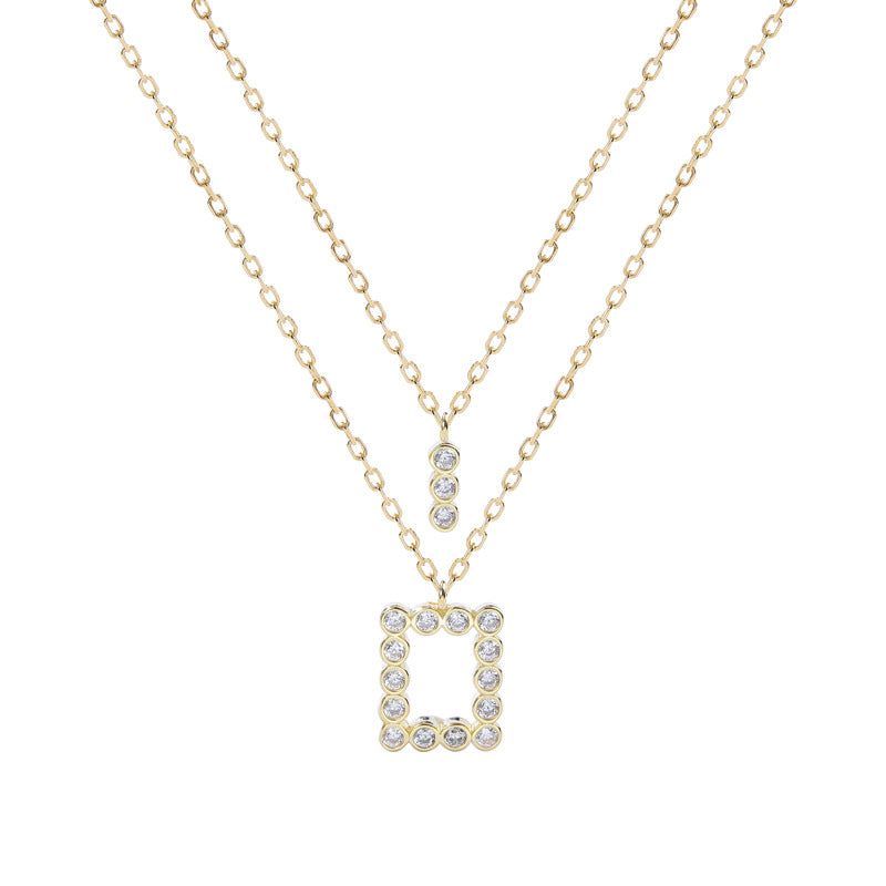 Geometric Double Layer Chain Round Cut Sterling Silver Plated Gold Necklace