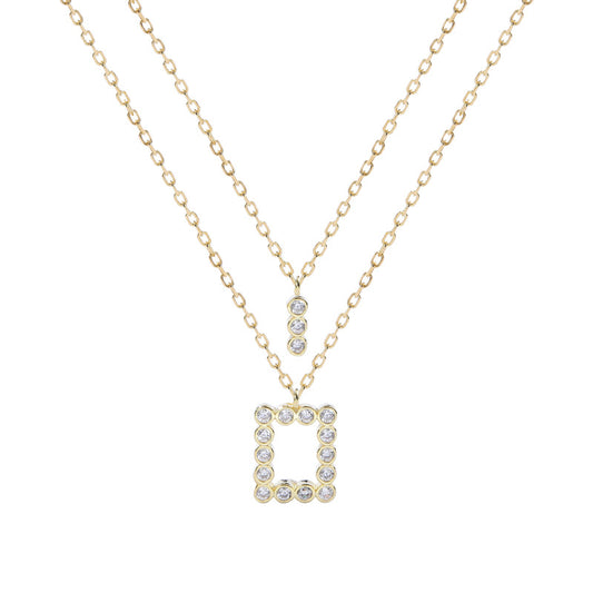 Geometric Double Layer Chain Round Cut Sterling Silver Plated Gold Necklace