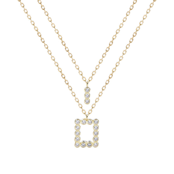 Geometric Double Layer Chain Round Cut Sterling Silver Plated Gold Necklace