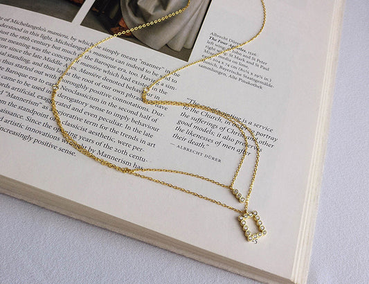 Geometric Double Layer Chain Round Cut Sterling Silver Plated Gold Necklace