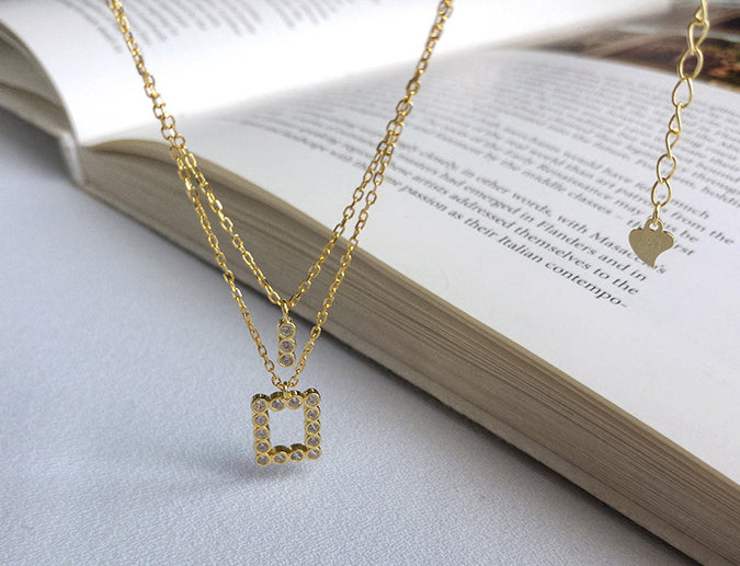Geometric Double Layer Chain Round Cut Sterling Silver Plated Gold Necklace