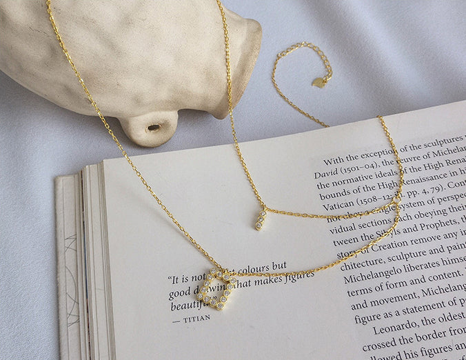 Geometric Double Layer Chain Round Cut Sterling Silver Plated Gold Necklace
