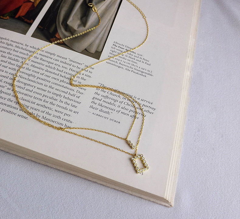 Geometric Double Layer Chain Round Cut Sterling Silver Plated Gold Necklace