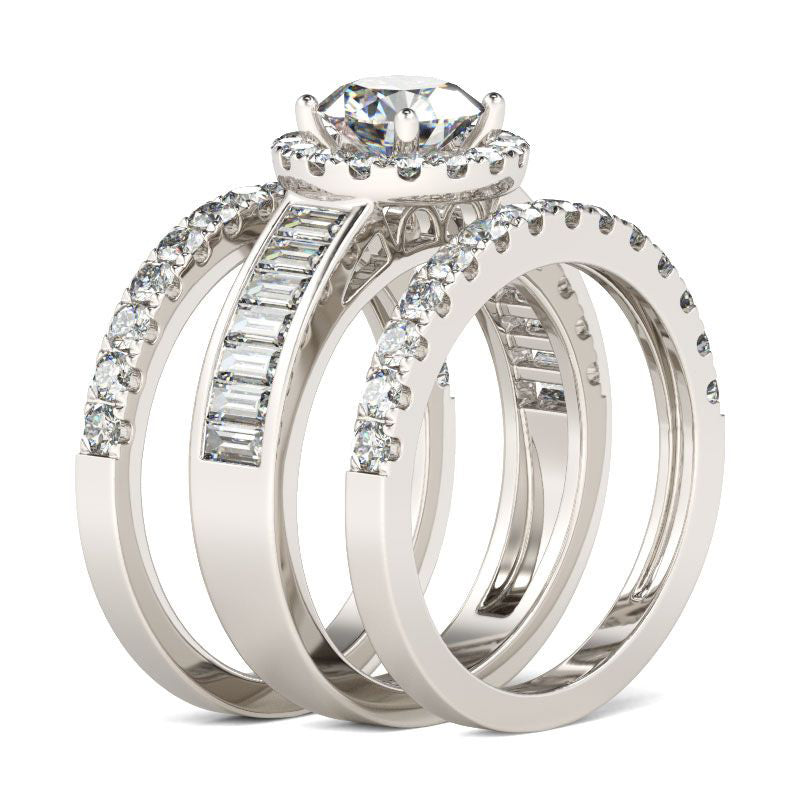 3PC Halo Round Cut Sterling Silver Ring Set