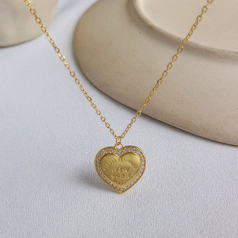 Heart Halo Lettering Round Cut Sterling Silver Plated Gold Necklace